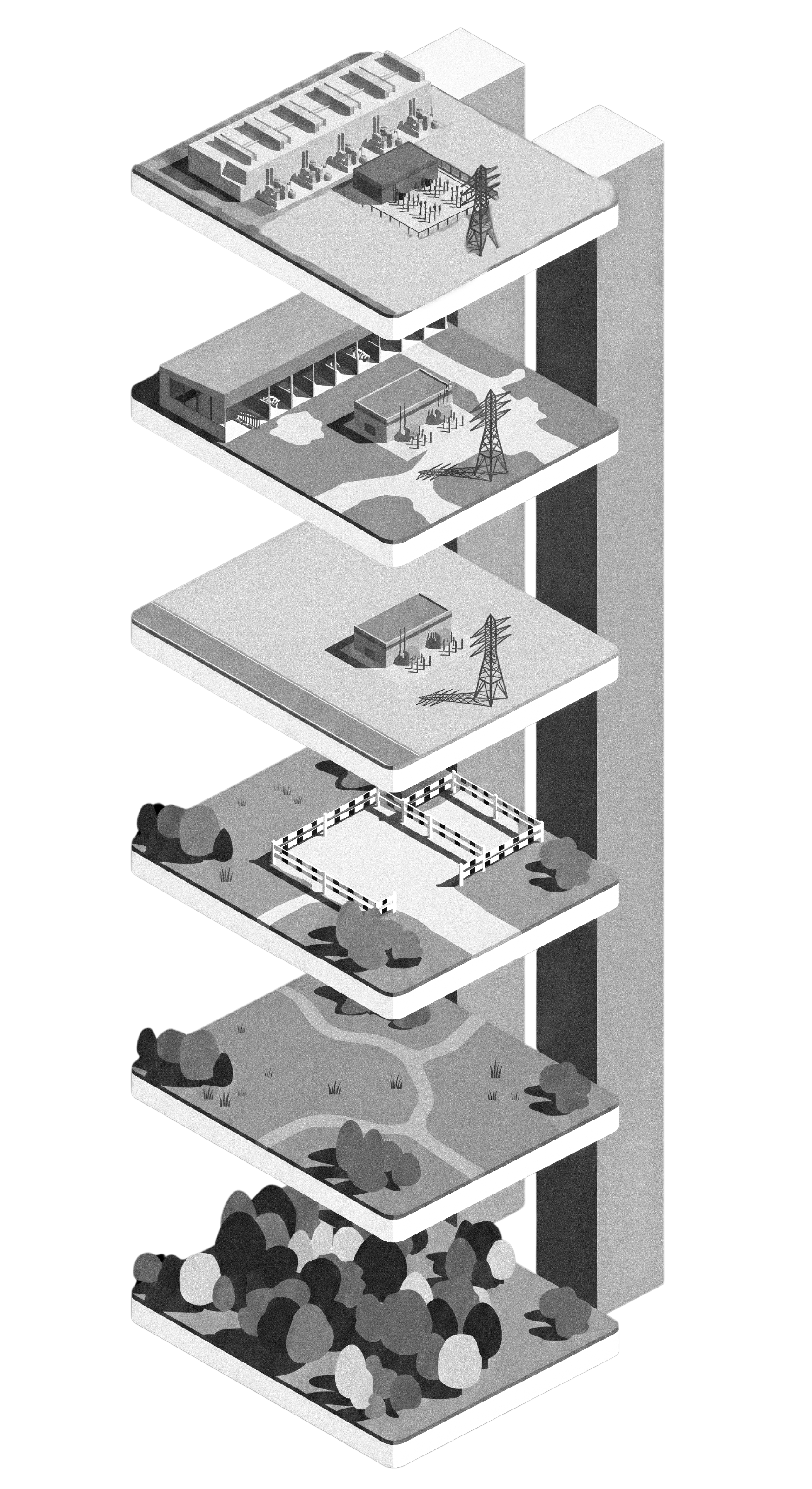 Axonometric stack of a data center site from raw land to a live facility