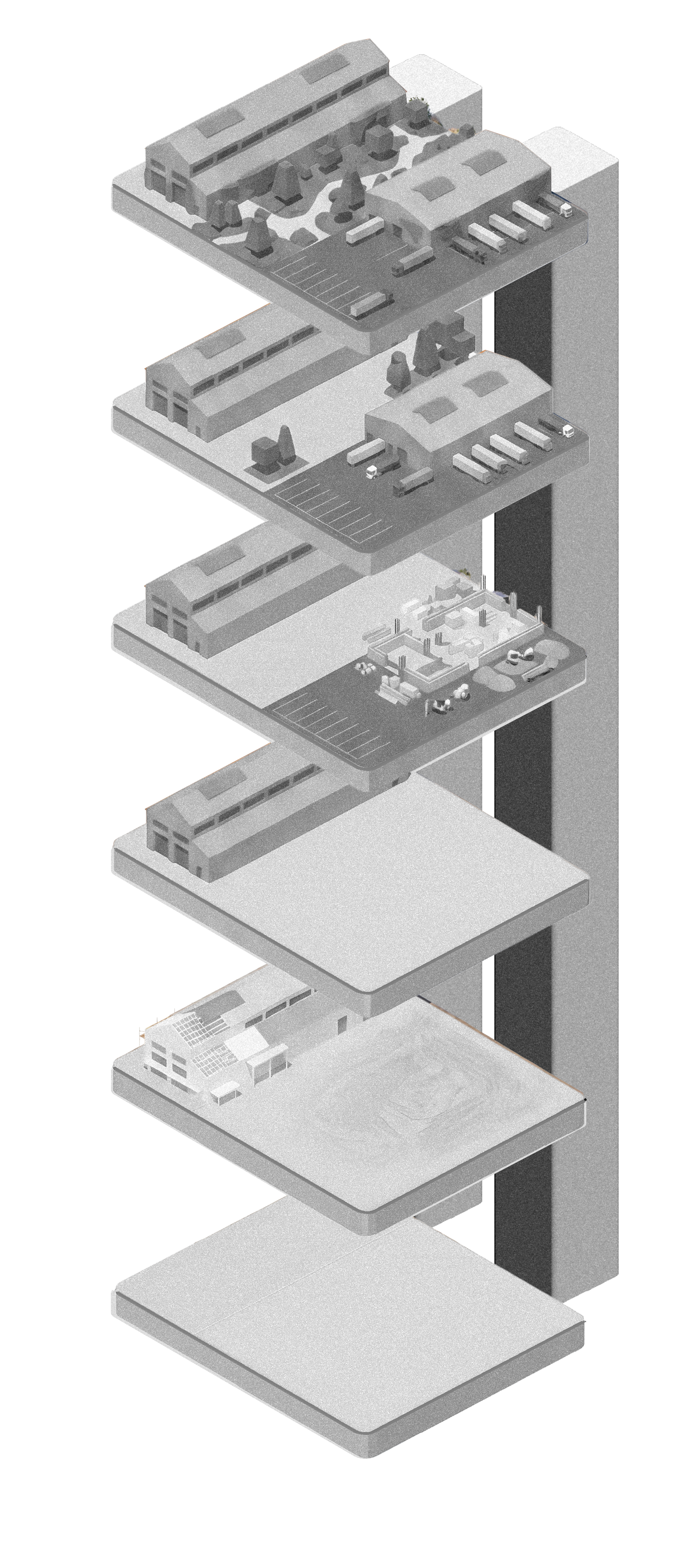 Axonometric stack of an industrial warehouse site from raw lot to an occupied facility