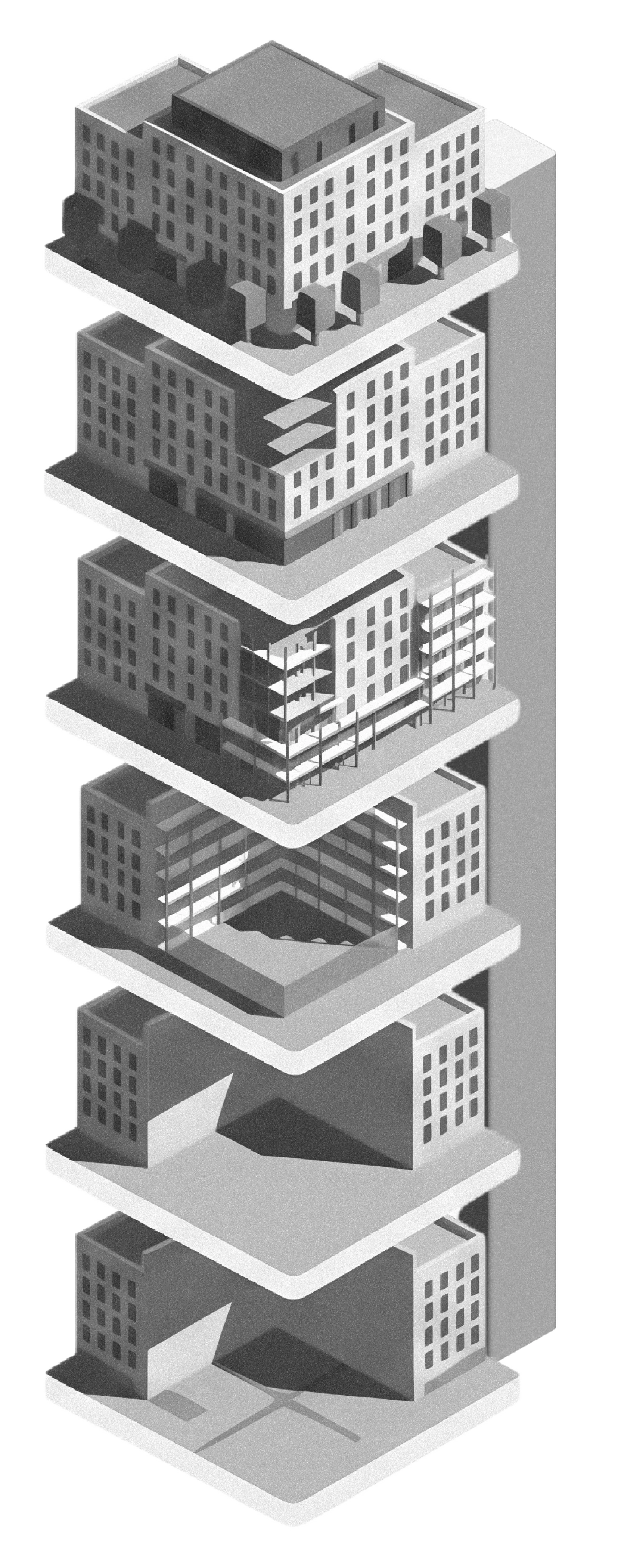 Axonometric stack of a multifamily building from raw shell to a finished, occupied asset