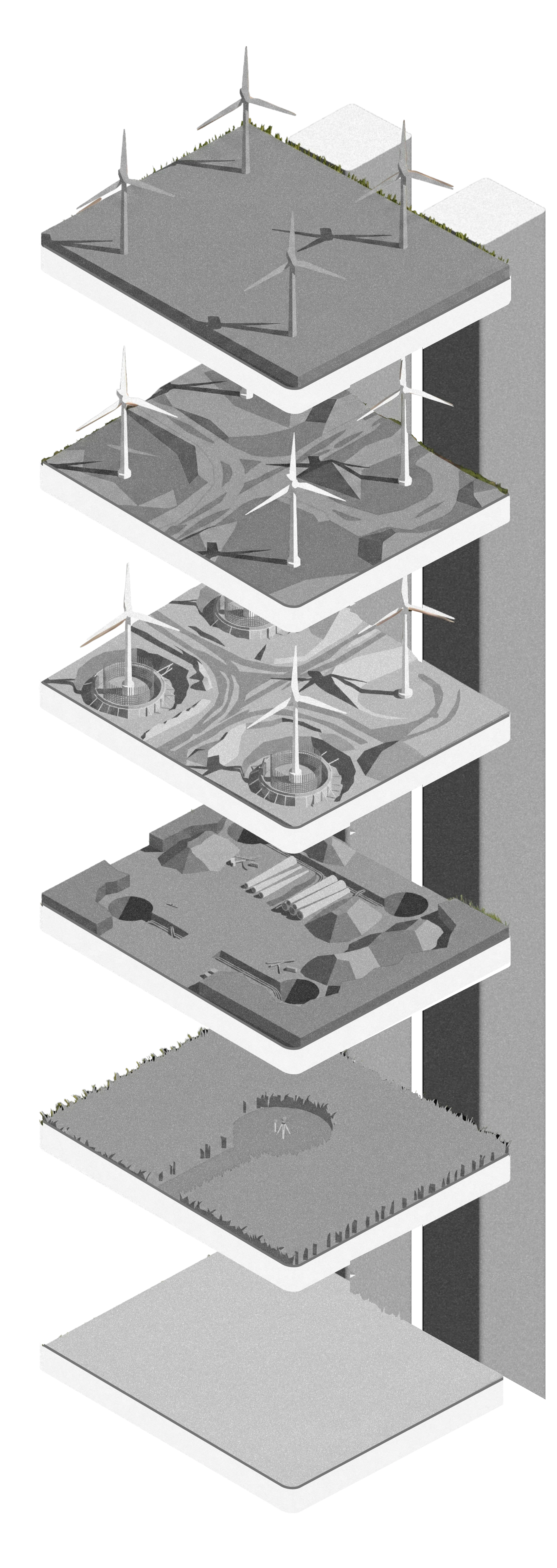 Axonometric stack of a wind-farm site from raw meadow to an operating wind farm