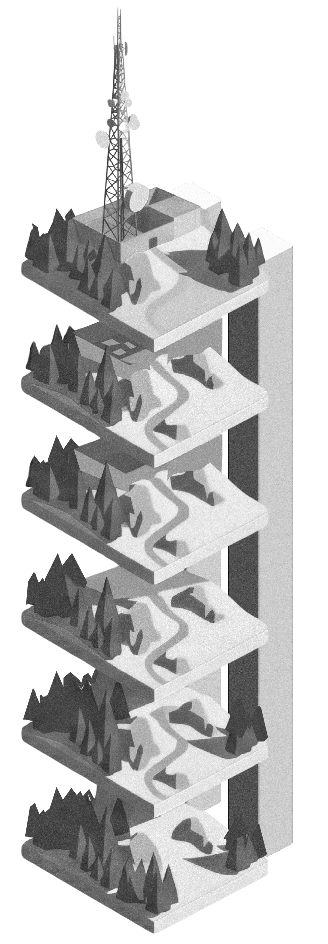 Axonometric stack of a mountain telecom tower site from raw hillside to a live tower