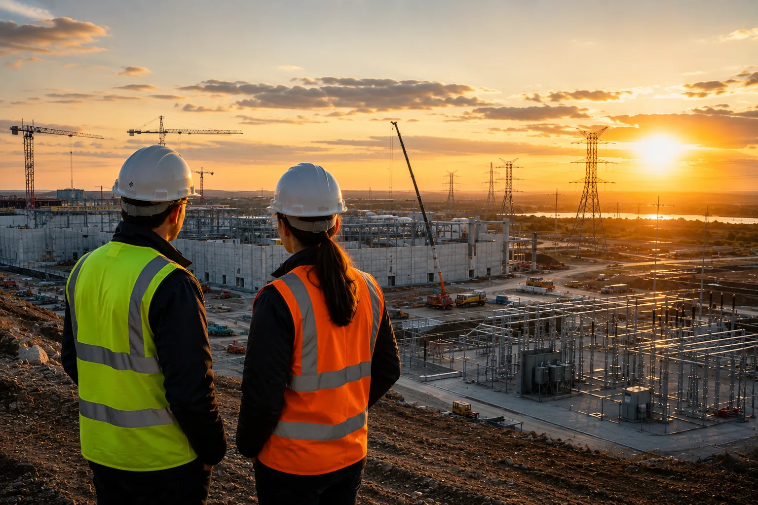 Two engineers reviewing a data center site and its substation at sunset