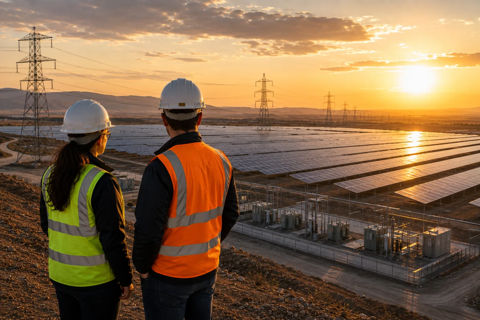 Two engineers reviewing a substation and transmission corridor at golden hour