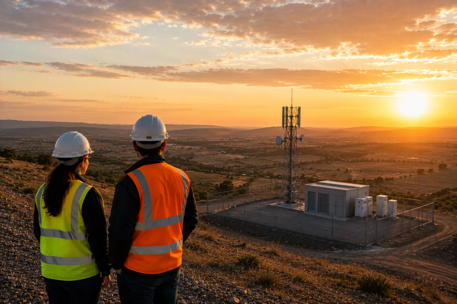 Two engineers reviewing a telecoms mast and its equipment compound at sunset