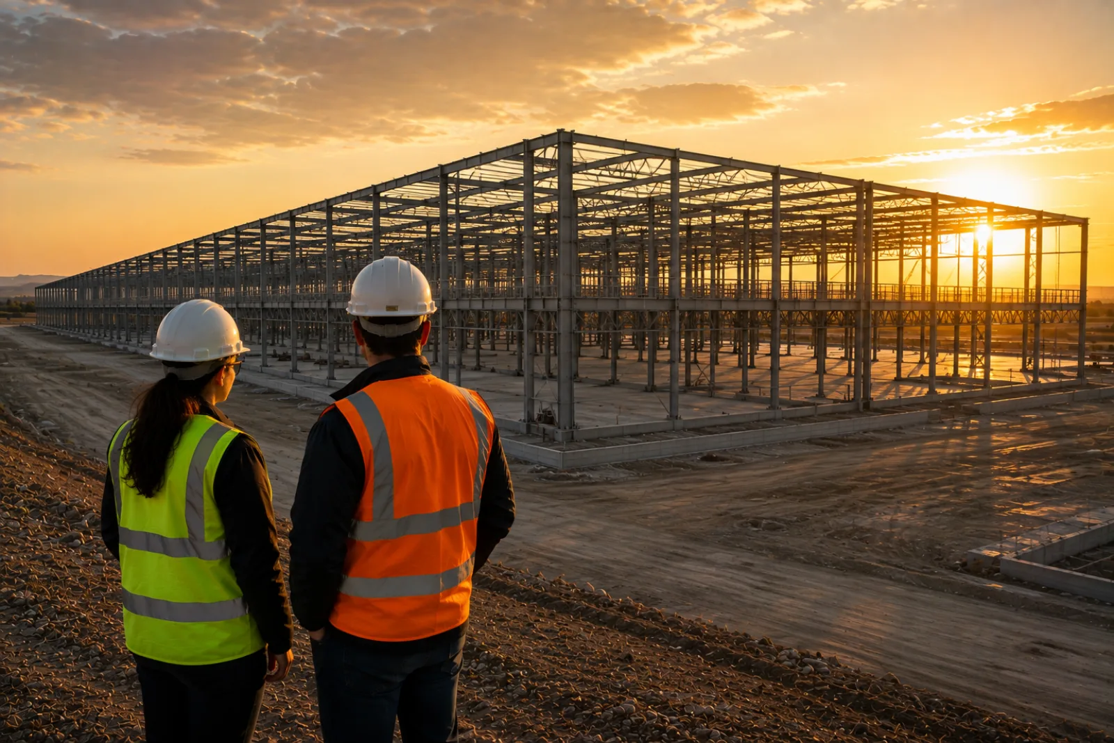 Two developers reviewing an industrial logistics site and its motorway access at dusk
